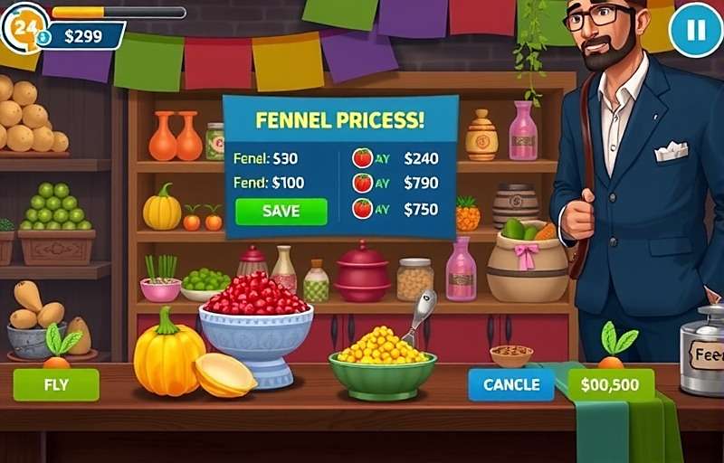 Fennel Frenzy Fiesta Trading Gameplay Fennel Frenzy Fiesta gameplay screenshot showing a trader negotiating fennel prices in a colorful Indian market with price charts and inventory display