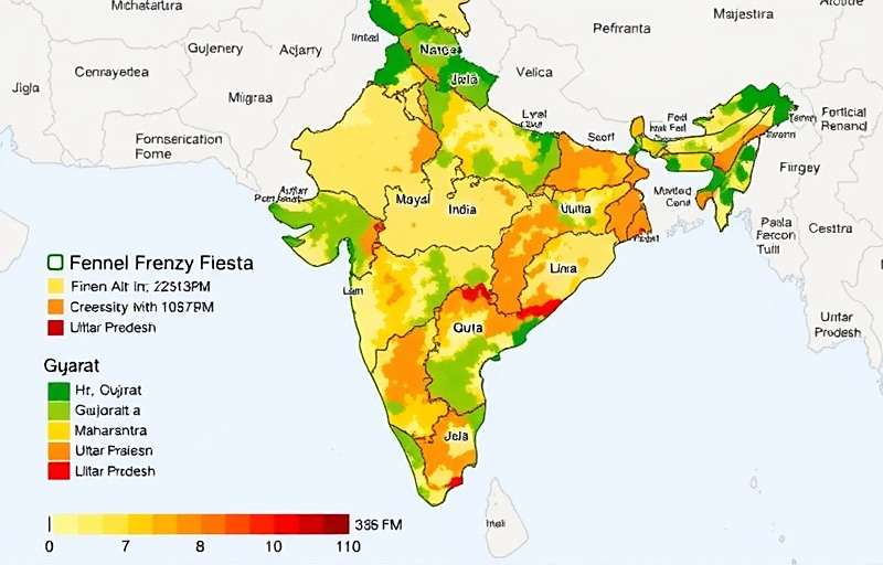 Fennel Frenzy Fiesta Download Distribution Fennel Frenzy Fiesta download distribution map across India showing highest concentration in Gujarat, Maharashtra, and Uttar Pradesh